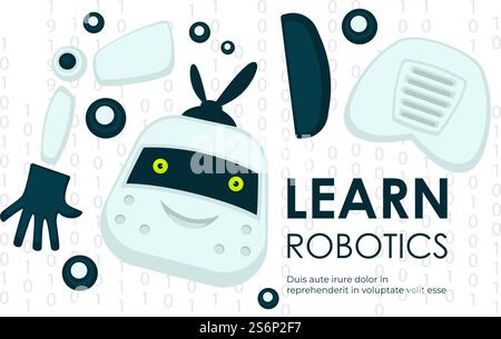 Engineering und Modellierung von Robotern und Humanoiden. Lernen Sie Robotik, Kurse und Kurse für Bildung und Wissensvermittlung kennen. Innovative Ideen und Produktion in Fabriken durch Spezialisten. Vektor in der Ebene. Lernen Sie Robotik, Wissenschaft und Technik kennen Stock Vektor