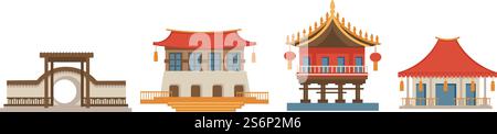 Denkmäler und Wahrzeichen asiatischer Länder und Kultur. Architekturerbe und Äußere orientalischer Städte. Traditionelle japanische oder chinesische Gebäude und Tempel der Städte. Vektor in abgewickelter Form. Asiatische Außenfassade und Architektur, wichtigste Denkmäler Stock Vektor