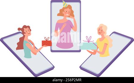 Online-Geburtstagsfeier. Mädchen gratulieren Freund, Internet-Kommunikation. Weiblich gibt Geschenke Vektor Illustration. Computerkommunikation und -Feier online zusammen. Online-Geburtstagsfeier. Mädchen gratulieren Freund, Internet-Kommunikation. Weiblich gibt Geschenke Vektor Illustration Stock Vektor
