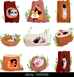 Bohrungen im Strukturbaum. Heim Hohlraum für wilde Tiere Stamm Blätter Baumkronen Vögel und Eichhörnchen Vektorfiguren. Illustration hohler Baum im Wald, Stamm ausgehöhlt. Bohrungen im Strukturbaum. Heim Hohlraum für wilde Tiere Stamm Blätter Baumkronen Vögel und Eichhörnchen Vektorfiguren Stock Vektor