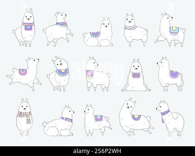 Lustige Lamas. Niedliches Alpaka Kamel und wilde Lamas ethnische Tiere Vektor Kritzelfiguren. Illustration Lama Tierwelt, Bauernhof Zoo lama, Guanaco einheimisch. Lustige Lamas. Niedliches Alpaka Kamel und wilde Lamas ethnische Tiere Vektor Kritzelfiguren Stock Vektor