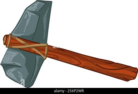 Steinaxt, prähistorisches Arbeitsinstrument, isoliertes Symbol des Werkzeugs aus Holzstab, Fels und Faden. Waffe, die in Kämpfen verwendet wird, primitives historisches Beil, Museumsexponent. Vektor in abgewickelter Form. Prähistorische Steinaxt, Werkzeugausstattung für die Arbeit Stock Vektor