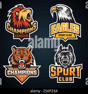 Sporttier. Teamlogo oder Emblem mit Wildtieren Grizzlybär Wolf Tiger Maskottchen Vektorkollektion. Emblem-Tier für die Illustration des Game Club College. Sporttier. Teamlogo oder Emblem mit Wildtieren Grizzlybär Wolf Tiger Maskottchen Vektorkollektion Stock Vektor