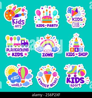 Kinder-Logo. Spielzeug Shop Identität kreative Kinder Club Abzeichen Kinder Spielzone Symbole Vektor Sammlung. Aufkleber mit Illustration, Logo für Kinderspielzimmer und Platzbereich. Kinder-Logo. Spielzeug Shop Identität kreative Kinder Club Abzeichen Kinder Spielzone Symbole Vektor Sammlung Stock Vektor