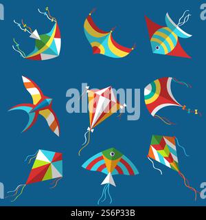 Drachen. Luft Freizeit Objekte Festival lustige Gegenstände Spiel Hobby in Kindheit Vektor Kite Illustrationen. Drachenspielzeug zum Freizeit-isolierten, fliegenden Werkzeugen im Kindesalter. Drachen. Luft Freizeit Objekte Festival lustige Gegenstände Spiel Hobby in Kindheit Vektor Kite Illustrationen Stock Vektor
