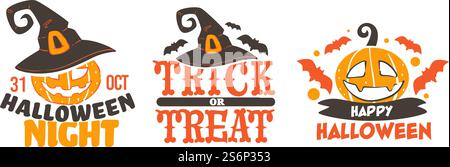 Halloween-Feiertage im Herbst, Feier- und Begrüßungsbanner. Isoliertes Symbol des geschnitzten Kürbis mit Gesicht, Jack o Laterne. Trockene Blätter und Laub, Partygrußkarte. Karneval oder Party. Vektor in der Ebene. Trick or Treat, halloween-Banner mit Kürbissen Stock Vektor