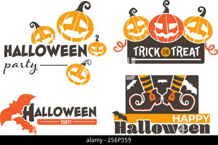 Halloween-Feier, Herbstfahne mit geschnitzten Kürbissen und fliegenden Fledermäusen. Trick or Treat, Spukhaus und Party mit Charakteren. Isolierte Symbole mit Jack o Laterne. Vektor in abgewickelter Form. Happy halloween, Kürbisse und fliegende Fledermäuse Vektor Stock Vektor