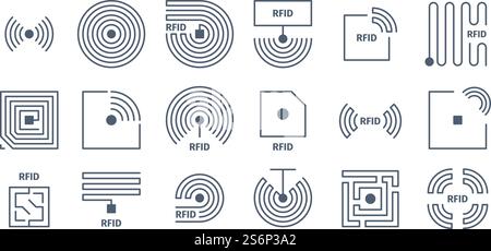 RFID-Symbole. Funkmarkierung Chips Identifizierung drahtlose Halbleiter Einkaufsfrequenzvektorsymbole. Identifikationsfrequenz, Abbildung der elektronischen Innovation des Chips. RFID-Symbole. Funkmarkierung Chips Identifizierung drahtlose Halbleiter Einkaufsfrequenzvektorsymbole Stock Vektor