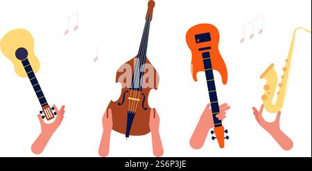 Hände, die Musikinstrumente halten. Gitarre, Streicher und Bläser, musikalisches Orchester-Vektor-Banner. Illustration Musikinstrument, Saxophon und Gitarre. Hände, die Musikinstrumente halten. Gitarre, Streicher und Bläser, musikalisches Orchester-Vektor-Banner Stock Vektor