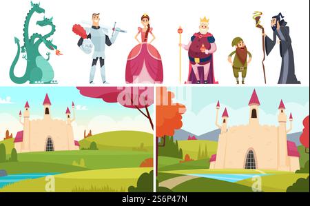 Helden buchen. Märchengeschichten, Burglandschaften, Drachenprinz und Prinzessin. Vektorfiguren der königlichen Familie. Illustration Märchen Cartoon, Geschichte mittelalterlich. Helden buchen. Märchengeschichten, Burglandschaften, Drachenprinz und Prinzessin. Vektorfiguren der königlichen Familie Stock Vektor