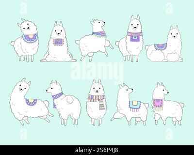Lama süß. Zeichnen lustiger Tiere im Doodle-Stil peru Lamas Sammlung Kamel Vektor. Tier peru Lama, Alpaka Charakter Wolle Illustration. Lama süß. Zeichnen lustiger Tiere im Doodle-Stil peru Lamas Sammlung Kamel Vektor Stock Vektor