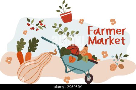 Verkauf von Obst und Gemüse auf dem Bauernhof, Bauernmarkt mit Zucchini, Kürbissen und Karotten, Kartoffeln und Kirschen. Schubkarre mit geernteten Produkten, Lebensmittel zum Verkauf. Vektor in abgewickelter Form. Bauernmarkt, Versiegelung von Gemüse und reifem Obst Stock Vektor