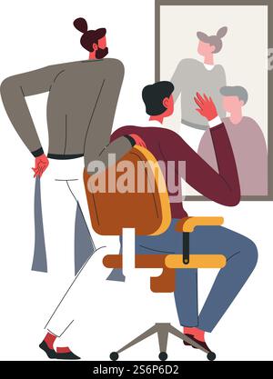 Der Kunde war froh über den neuen Haarschnitt im Friseursalon, isolierter Mann, der auf dem Stuhl sitzt und in den Spiegel blickt. Professioneller Friseur, Friseurservice und Rasur, Qualität und Luxus. Vektor in abgewickelter Form. Friseurservice, begeisterter Mann beim Friseur Stock Vektor
