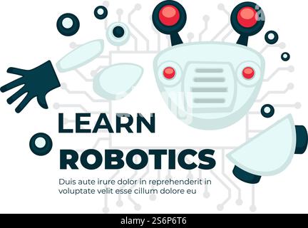 Wissenschaftliche Kenntnisse und Ausbildung im Bereich Robotik, lernen Roboter. Kurse und Unterrichtsdisziplinen zur Schaffung von Androiden mit künstlicher Intelligenz. Kybernetische Produktion. Vektor in abgewickelter Form. Lernen Sie Robotik, Kurse oder Kurse für den Bildungsbereich kennen Stock Vektor