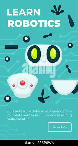 Robotik-Schulungen, Kurse oder Lektionen, Kurse zum Lernen von Engineering, Programmierung und Modellierung. Futuristisches Wissenschaftsfeld. Roboter erstellen. Website- oder Webseitenvorlage, flacher Vektor für Landing-Page. Lernen Sie Robotik, Programmiertechnik Stock Vektor