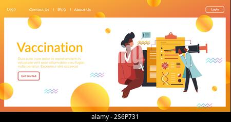 Prävention von Coronavirus-Krankheiten durch Impfung und Immunisierung von Menschen. Injektionen und Spritzen an die Bevölkerung. Doktoren und Wissenschaftler in der Klinik. Website- oder Webseitenvorlage, flacher Vektor für Landing-Page. Impfung und Prävention der Coronavirus-Krankheit Stock Vektor