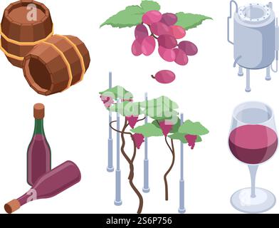 Isometrie des Weinguts. Weinberg-Technologie verarbeitet Fässer für Traubenmenschen Abfüllmaschinen Vektorsatz. Illustration Weingut Presse, Abfüllung Produktion Weinherstellung. Isometrie des Weinguts. Weinberg-Technologie verarbeitet Fässer für Traubenmenschen Abfüllmaschinen Vektorsatz Stock Vektor