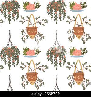 Blumen und Laub, Zimmerpflanzen in Blumentöpfen, isolierte Hänge- und Kletterpflanzen in Blüte und Blüte. Frühlings- und Sommerdekor für zu Hause. Nahtloses Muster, Hintergrund oder Druck, Vektor in flacher Form. Hängende und kletternde Pflanzen in Töpfen Flora Vektor Stock Vektor