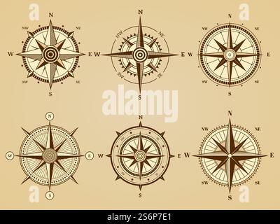 Windrose. Nautische Marineschifffahrtssymbole für alte Seeschifffahrtskarten-Vektor-Retro-Symbole. Abbildung West und South, North und East Direct. Windrose. Nautische Marineschifffahrtssymbole für alte Seeschifffahrtskarten-Vektor-Retro-Symbole Stock Vektor