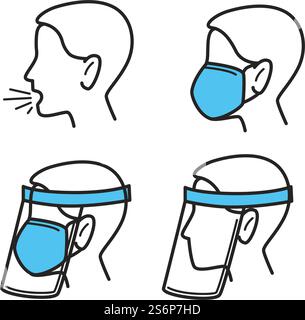 Schutz und Vorbeugung gegen Coronavirus und Atemwegserkrankungen. Husten und Mittel zur Beendigung der Krankheitsausbreitung. Tragen einer Maske und einer Glas- oder Kunststoffabdeckung. Vektor in abgewickelter Form. Schutzmassnahmen vor Virus und Krankheitsvektor Stock Vektor