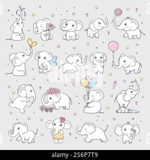 Süßer Elefant. Wilde Tiere in verschiedenen Stellungen attraktive Charaktere Vektor Zeichentrick gezeichnete Skizze. Elefant entzückend mit Kofferraum, Maskottchen-Illustration in verschiedenen Positionen. Süßer Elefant. Wilde Tiere in verschiedenen Stellungen attraktive Charaktere Vektor Zeichentrick gezeichnete Skizze Stock Vektor