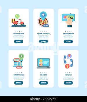 Bestellen Sie Lebensmittel an Bord. Smartphone Landing Pages Vorlagen Business Delivery Food von Restaurant Cuisine Vektor App Design. Banner Mobile Online, Fastfood-Illustration für das Lieferpaket. Bestellen Sie Lebensmittel an Bord. Smartphone Landing Pages Vorlagen Business Delivery Food von Restaurant Cuisine Vektor App Design Stock Vektor