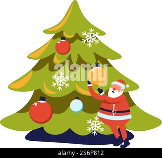 weihnachtsmann dekoriert den weihnachtsbaum für Weihnachtsfeiertage und Neujahrsfeier. Isolierter Charakter mit Kugeln und Spielzeug, Schneeflocken und Geschenken für Fichte oder Tanne. Vektor in abgewickelter Form. Weihnachtsfeiertag Weihnachtsmann dekoriert Weihnachtsbaum Stock Vektor