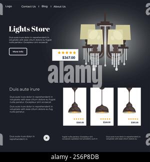Sortiment an Lampen und Kronleuchtern im Online-Shop oder Shop. Einrichtung des Hauses mit luxuriösen Accessoires. Website- oder Webseitenvorlage mit Preisen und Sternen, Landing-Page Flat Style Vektor. Lichtgeschäft, Geschäft mit verschiedenen Lampen Website Stock Vektor