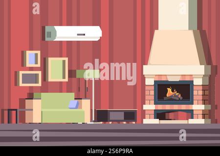 Kamin im Inneren. Entspannen Sie sich mit dem Sofa im Zimmer in der Nähe von dekoriertem Kamin Vektor-Zeichentrickhintergrund. Illustration Kamin innen, Kaminholz im Zimmer. Kamin im Inneren. Entspannen Sie sich mit dem Sofa im Zimmer in der Nähe von dekoriertem Kamin Vektor-Zeichentrickhintergrund Stock Vektor