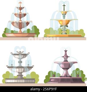 Springbrunnen. Wasserschönheit dekorative Konstruktionen für Gärten im Freien Park Vektor Karikaturabbildungen. Wasserfall Stream Kollektion für den Dekorationspark. Springbrunnen. Wasserschönheit dekorative Konstruktionen für Gärten im Freien Park Vektor Karikaturabbildungen Stock Vektor