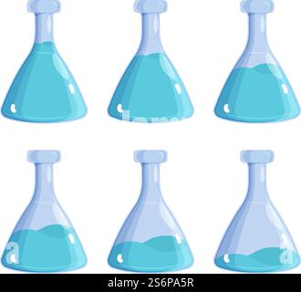 Magischer Trank. Glasflaschen mit Hexerei-Gegengift-Vektorbildern Set. Magie-Chemie-Gift, Alchemie-Flüssigkeit, chemische Flasche Illustration. Magischer Trank. Glasflaschen mit Hexerei-Gegengift-Vektorbildern Set Stock Vektor