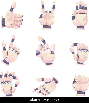 Bionische menschliche Hände. Roboter-Gesten helfen Prothesenvektoren zu setzen. Illustration bionischer Cyborg-Gestenarm, menschliche Handtechnologie Prothetik. Bionische menschliche Hände. Roboter-Gesten helfen Prothesenvektoren zu setzen Stock Vektor