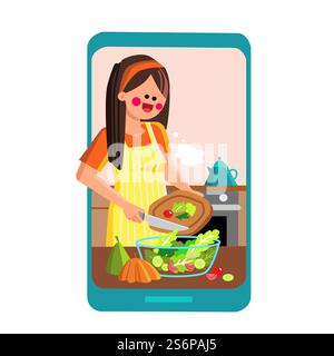 Online-Rezept Frau. Küche Online Rezept App. Digitales Video kochen. Kulinarischer Kurs. Gastronomie Werkstatt Vektor Charakter flache Karikaturillustration. Online Rezept Küche Vektor Stock Vektor