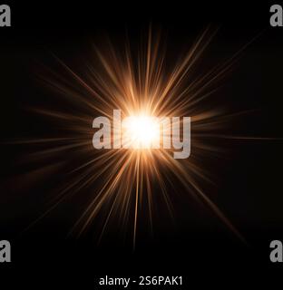 Leuchtende goldene und gelbe Lichtstrahlen auf schwarzem Hintergrund. Sternenexplosion der Strahlen. Stockfoto