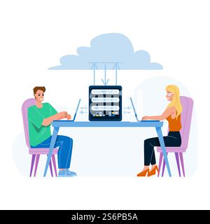 Cloud Hosting Storage Service Mit People Vector. Cloud Hosting Data Server Verwenden Benutzer Von Männern Und Frauen Zum Hoch- Und Herunterladen Digitaler Computerdateien. Zeichentrickzeichnung Für Zeichen. Cloud Hosting Storage Service Mit People Vector Stock Vektor