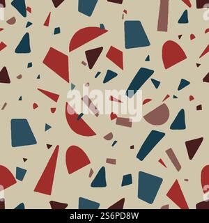 Abstraktes geometrisches Design mit Formen und Ornamenten, modernes Mid-Century-Muster mit Dreiecken und Rechtecken. Nahtloses Muster oder Hintergrundpastellkomposition oder Hintergrundtapete. Vektor in abgewickelter Form. Modernes abstraktes Mid Century-Muster mit Formen Stock Vektor