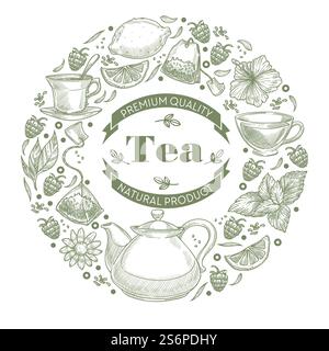 Gesundes Bio-Getränk mit Vitaminen und Antioxidantien. Tee Heißgetränk mit Zitrusscheiben, Himbeeren und Minzblättern. Erfrischendes warmes Getränk, einfarbige Skizze. Vektor in abgewickelter Form. Bio-Tee und pflanzliche Heißgetränke für die Gesundheit Stock Vektor