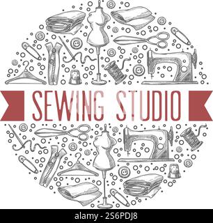 Meisterklasse und Ausbildung im Nähstudio, Label oder Emblem mit einfarbigen Skizzen. Materialien und Maschinen, Nadeln und Schaufensterpuppen für die Erstellung von Modellen und Konstruktionen. Vektor in abgewickelter Form. Nähstudio, Atelier gibt Meisterkurse Stock Vektor