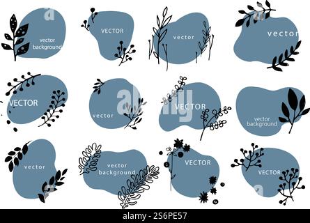 Botanik und Flora auf Bannern mit Kopierraum und minimalistischem Blumendekor. Isolierte abstrakte Flecken oder Formen, Zweige und Zweige mit Blüten und Blüten des Frühlings oder Sommers. Vektor in abgewickelter Form. Blumenbanner mit Kopierraum und Botanik-Blättern Stock Vektor