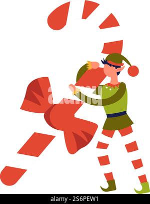 Zwerg- oder Elfenhelfer mit großen Bonbons mit Streifen, Weihnachtsbonbons und Geschenke für die Winterferien. Weihnachts- und Neujahrsgrüße, Fantasy-Kreatur in traditioneller Tracht. Vektor in abgewickelter Form. Elf im Kostüm mit großem gestreiftem Zuckerstab Stock Vektor