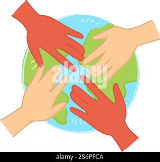 Die Menschheit vereint, um die Ökologie des Planeten, die natürlichen Ressourcen und die Natur der Erde zu bewahren. Heim retten und schützen. Isolierter Globus mit Händen von Menschen unterschiedlicher Nationalitäten. Vektor in der Ebene. Umweltschutz und Einheit der Menschheit Vektor Stock Vektor
