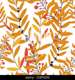 Äste und Laub, Zweige und Blätter, herbstliches trockenes Laub und dekorative Botanik. Trendige Flora der Herbstsaison, natürliche Blüten und Beeren. Nahtloses Muster, Hintergrund oder Druck, Vektor in flacher Form. Nahtloses Muster von Herbstzweigen, Blättern und Zweigen Stock Vektor