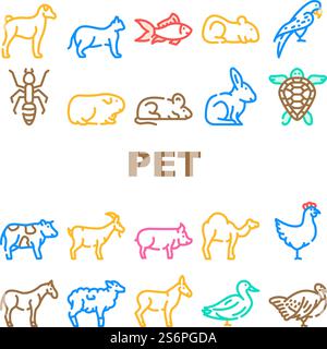 Haustier, Bauernhof Und Meer Aqua Icons Set Vektor. Mäuse Und Hamster, Hündchen Und Katzenkitten, Haustier, Pferd Und Kamel, Papagei Und Hühnervogel, Schildkröte Und Aquarium Fish Line. Farbige Abbildungen. Haustier, Bauernhof Und Meer Aqua Icons Set Vektor Stock Vektor