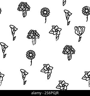 Blume Natürliche Aromatische Pflanze Vektor Nahtlose Muster Dünne Linie Illustration. Blume Natürliche Aromatische Pflanze Vektor Nahtlose Muster Stock Vektor
