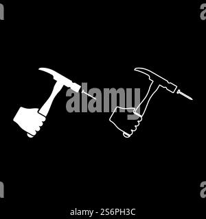 Hammer schlägt Nagel in der Hand Klaue halten Fixieren und Reparieren von Arbeitswerkzeugen Symbol weiß Farbe Vektor Illustration flache Art einfache Bildsatz. Hammer schlägt Nagel in der Hand Klaue halten Fixieren und Reparieren von Arbeitswerkzeugen Symbol weiß Farbe Vektor Illustration flach Stil Bild Satz Stock Vektor