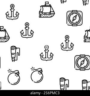 Pirate Sea Räuber Vektor Nahtlose Muster Dünne Linie Illustration. Seeräuber Seeräuber Vektor Nahtloses Muster Stock Vektor