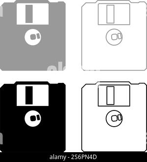Diskette Diskettenlaufwerk-Speicherkonzept Set Symbol grau schwarz Vektor Illustration Bild einfach flach ausgefüllt Kontur Linie dünn. Diskette Diskettenlaufwerk Speicherkonzept Set Symbol Grau Schwarz Vektor Illustration Bild flach Stil Vollflächig Kontur Linie dünn Stock Vektor