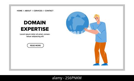 Fachwissen Für Young Man Manager Vector. Domainkompetenz Macht Geschäftsleute Und Prüft Internetadressen. Figur Guy Check Network Cyberspace Web Flat Cartoon Illustration. Fachwissen Für Young Man Manager Vector Stock Vektor