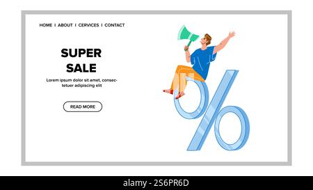 Super Sale Werbemann Im Lautsprecher Vektor. Manager Verkäufer Schreien Und Werben Für Superrabatt In Megaphone. Charakterförderung Werbeangebot Web Flat Cartoon Illustration. Super Sale Werbemann Im Lautsprecher Vektor Stock Vektor