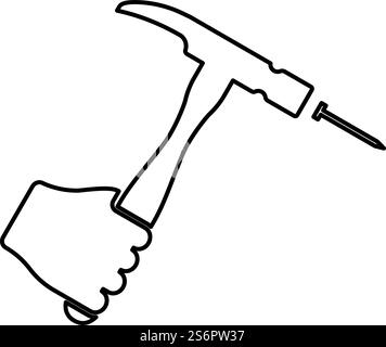 Hammer schlägt Nagel in der Hand Klaue halten Fixieren und Reparieren von Arbeitswerkzeugen Kontur Umrisssymbol schwarze Farbe Vektor Illustration flache Art einfaches Bild. Hammer schlägt Nagel in der Hand Klaue halten Fixieren und Reparieren von Arbeitswerkzeugen Kontur-Symbol schwarze Farbe Vektor Illustration flache Stil Bild Stock Vektor
